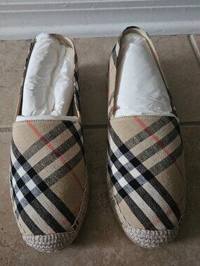 NIB BURBERRY MEWS LINEN NOVA CHECK ESPADRILLE FLAT LOAFER SLIP ON SHOES 7.5